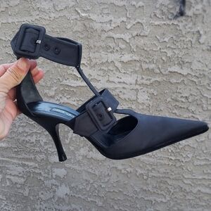 SERGIO ROSSI Black‎ Fabric Double Buckle Ankle STRAP Sandals Heels